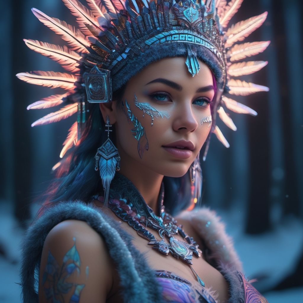 Mujer de ojos azules con una corona de plumas y aspecto tribal