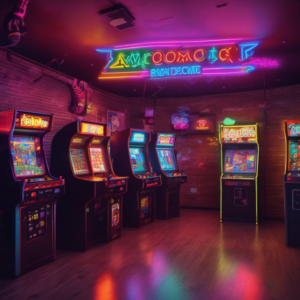 Sala de recreativos con máquinas retro y luces de neón