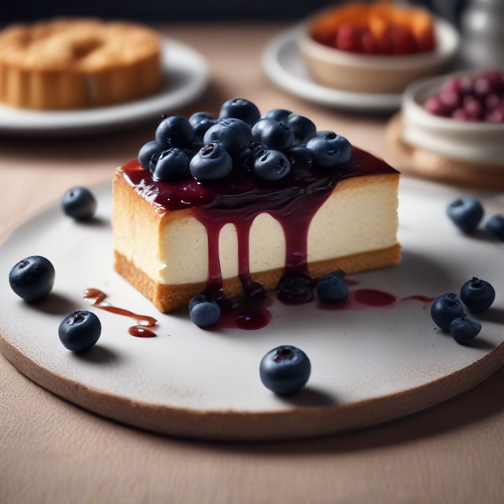 Porción de tarta cheescake con mermelada y arándanos sobre un plato