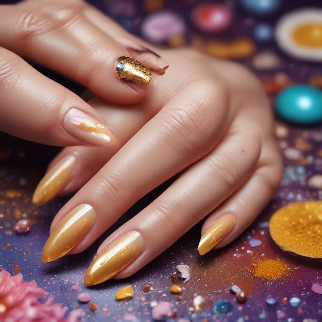 Manos de mujer con manicura de uñas de color dorado