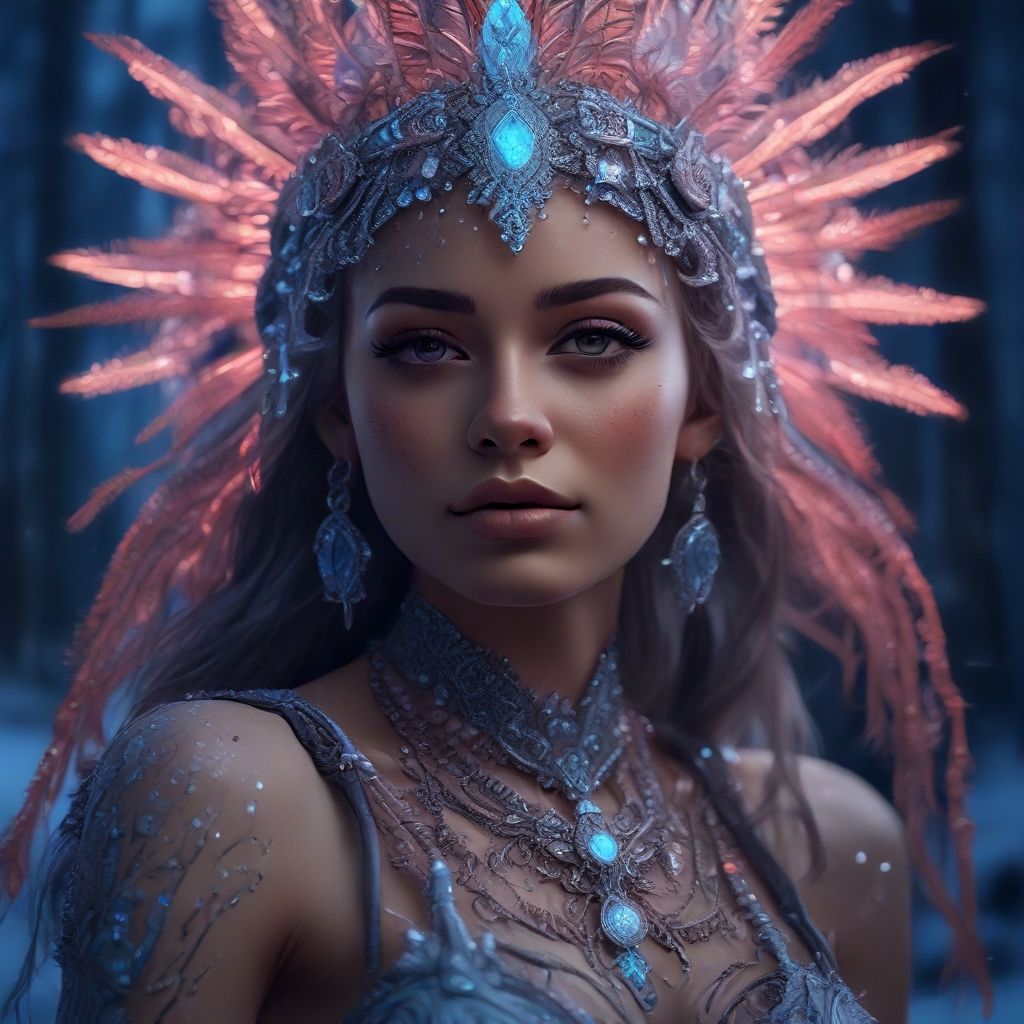 Mujer de ojos azules con una corona de plumas y aspecto tribal