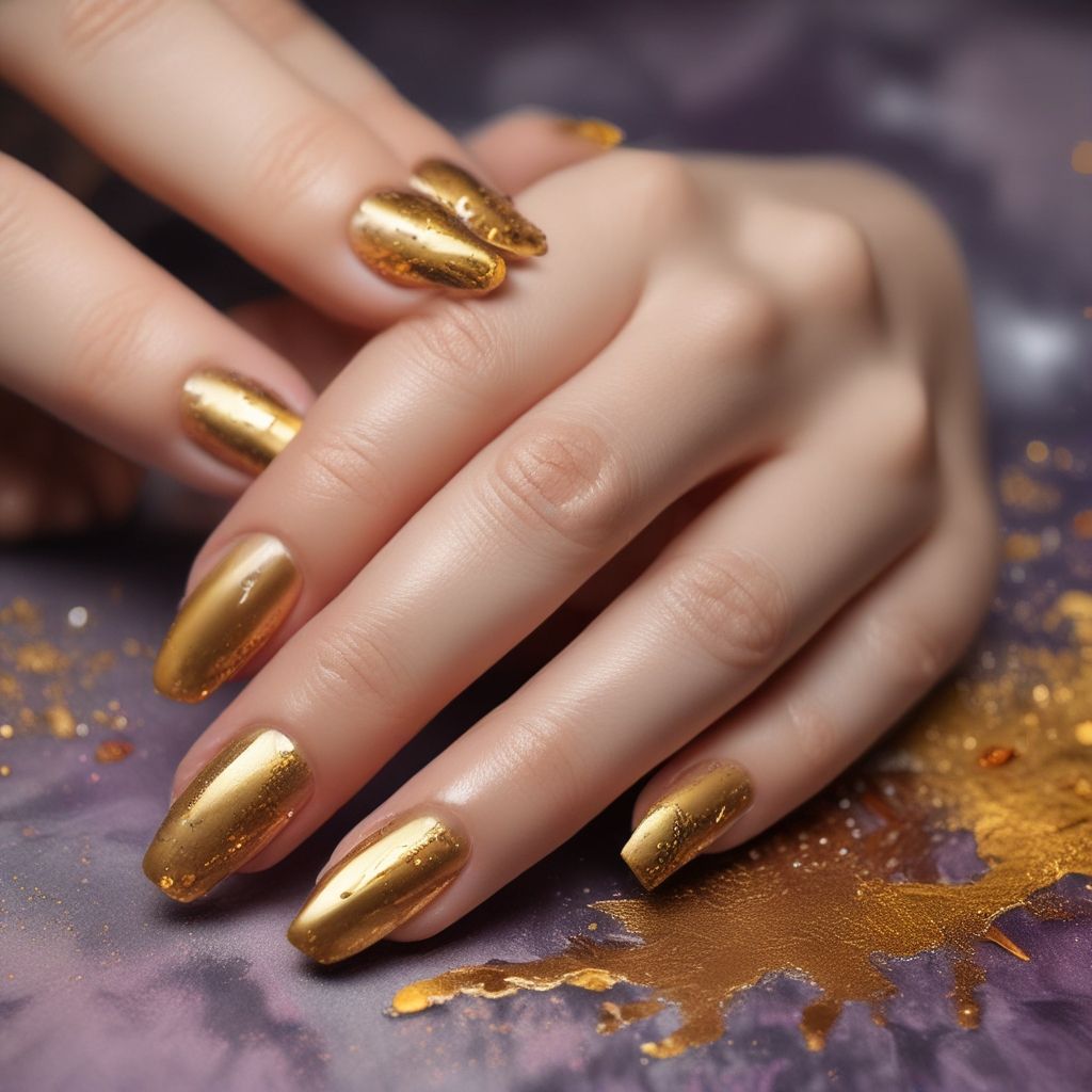 Manos de mujer con manicura de uñas de color dorado