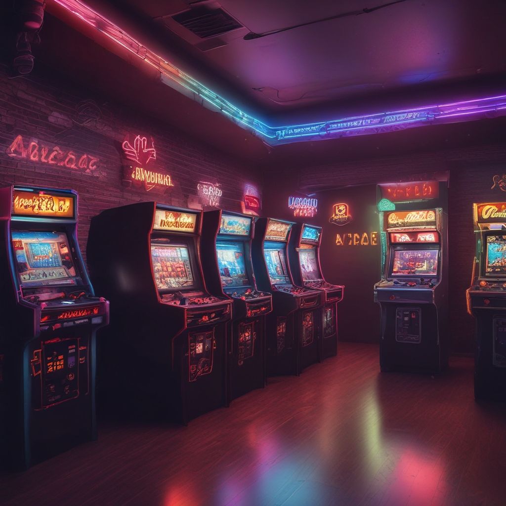 Sala de recreativos con máquinas retro y luces de neón