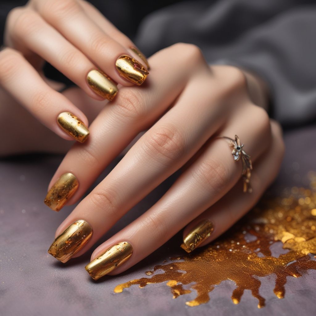 Manos de mujer con manicura de uñas de color dorado