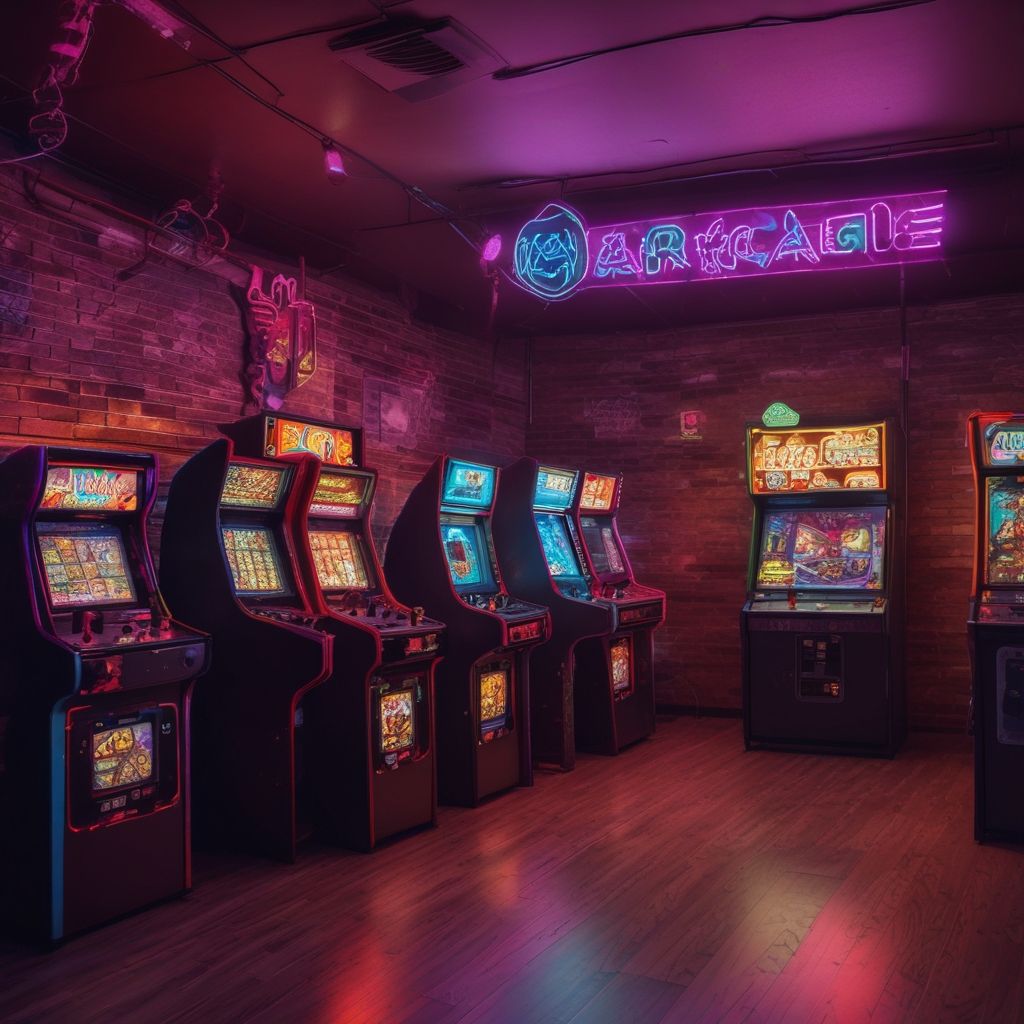 Sala de recreativos con máquinas retro y luces de neón