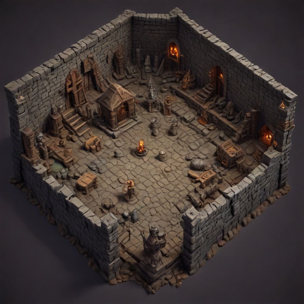 Interior de una estancia de un castillo con aspecto de videojuego 3D en vista isométrica