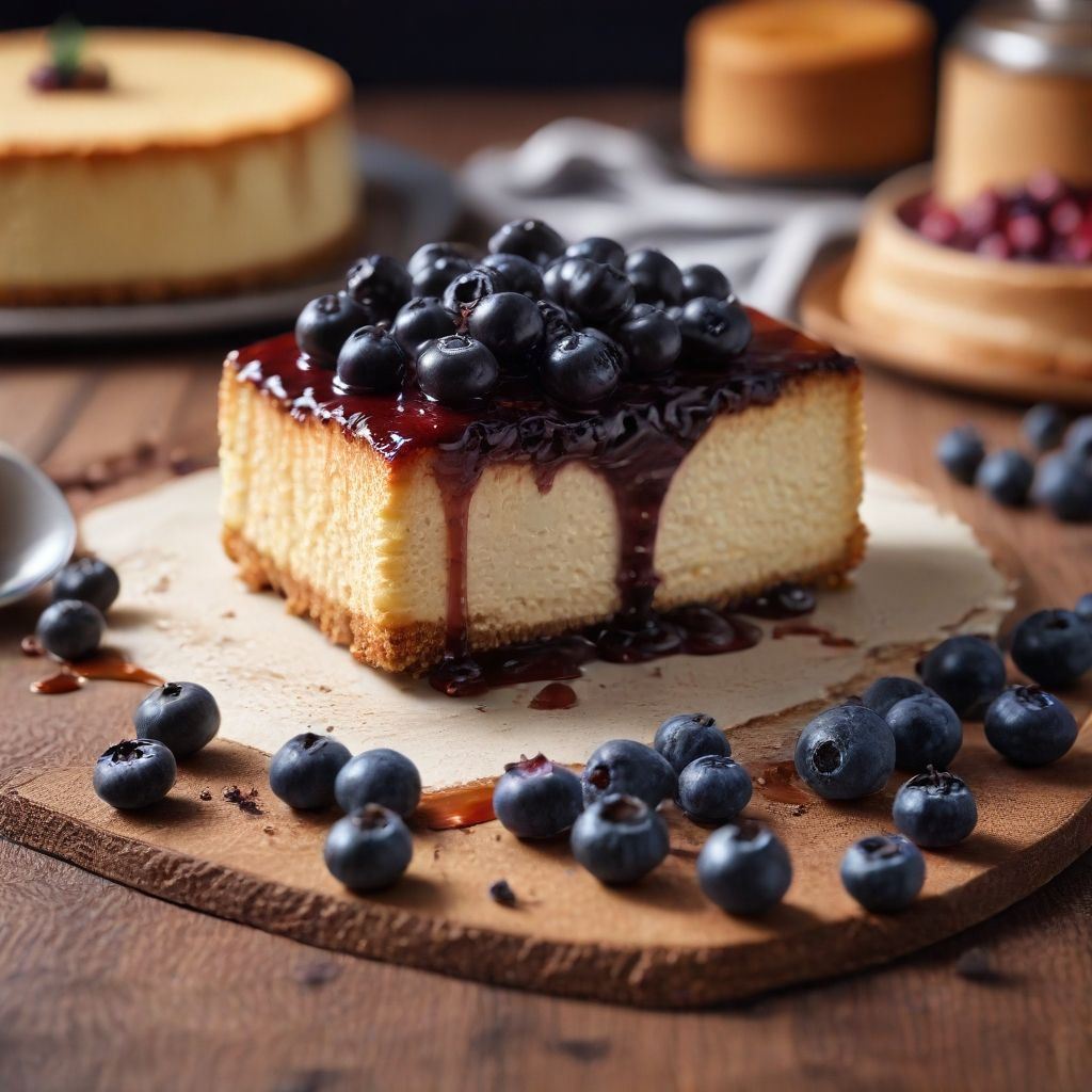 Porción de tarta cheescake con mermelada y arándanos sobre un plato