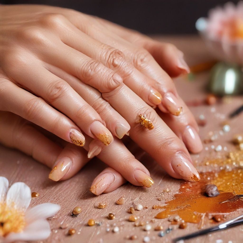 Manos de mujer con manicura de uñas de color dorado