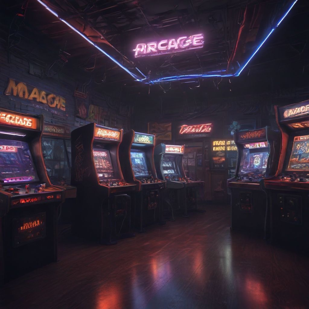 Sala de recreativos con máquinas retro y luces de neón