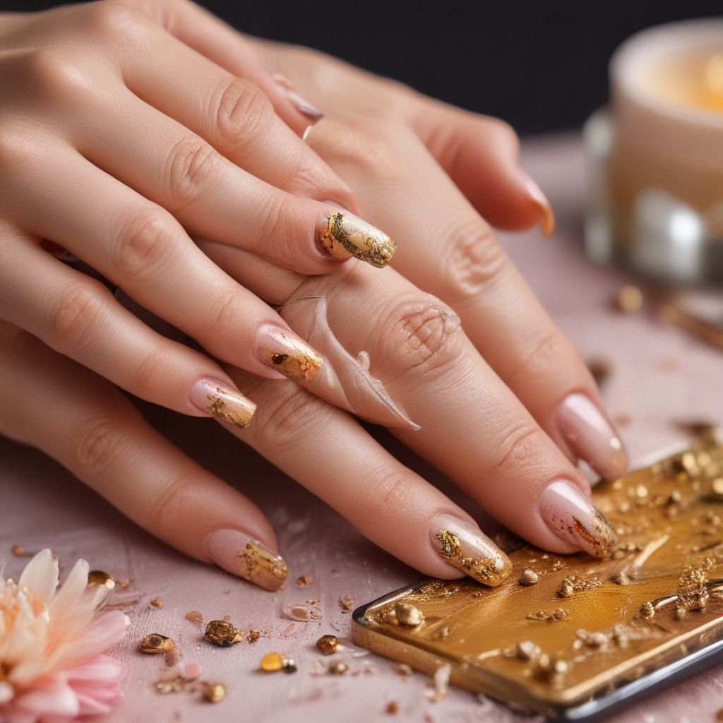 Manos de mujer con manicura de uñas de color dorado