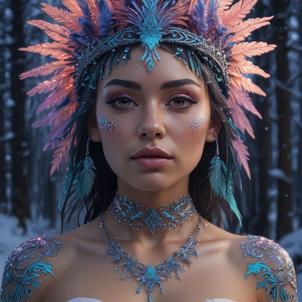 Mujer de ojos azules con una corona de plumas y aspecto tribal