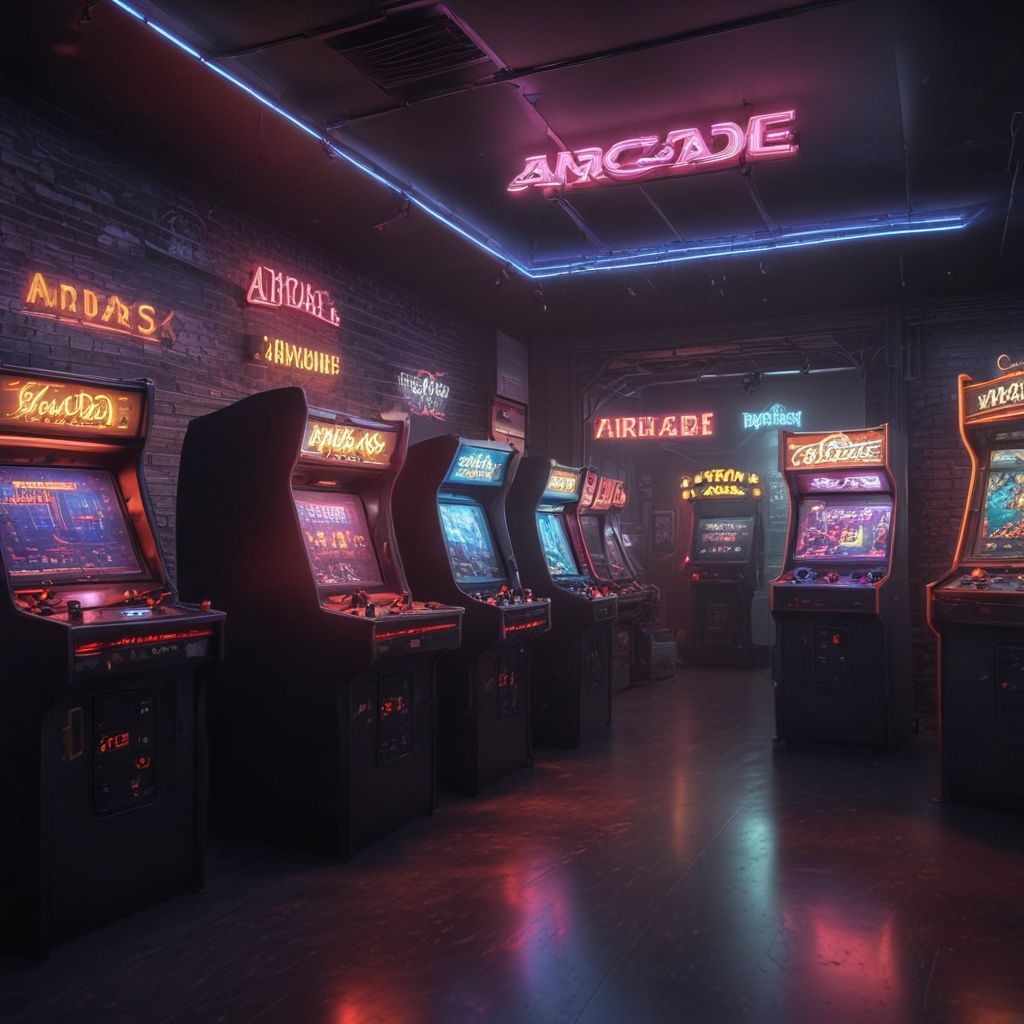 Sala de recreativos con máquinas retro y luces de neón