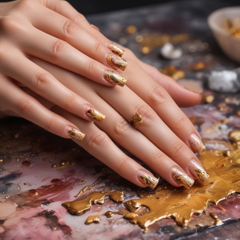 Manos de mujer con manicura de uñas de color dorado