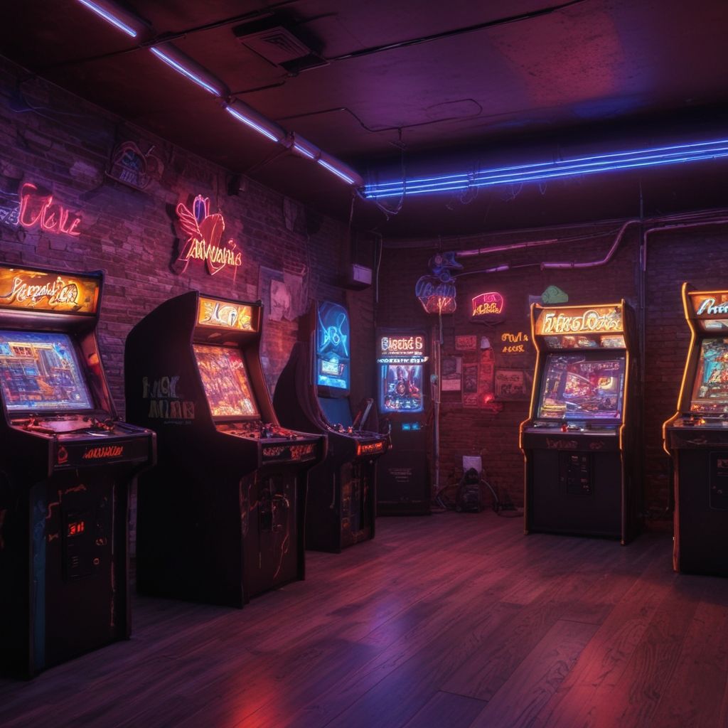 Sala de recreativos con máquinas retro y luces de neón