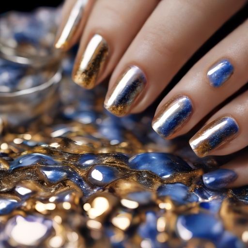 Manos de mujer con manicura de uñas de color dorado