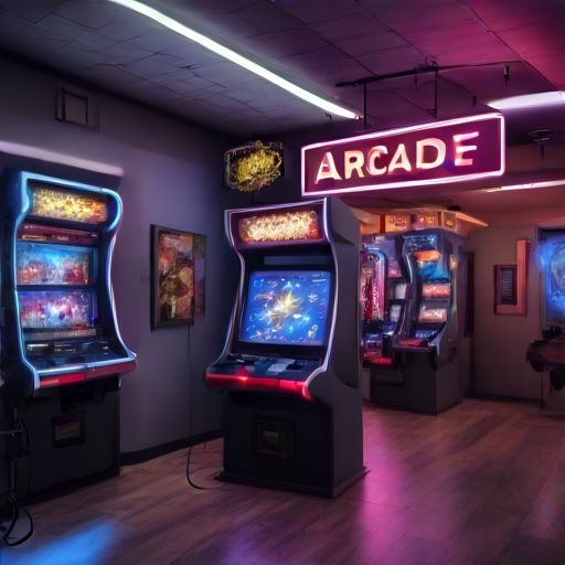 Sala de recreativos con máquinas retro y luces de neón