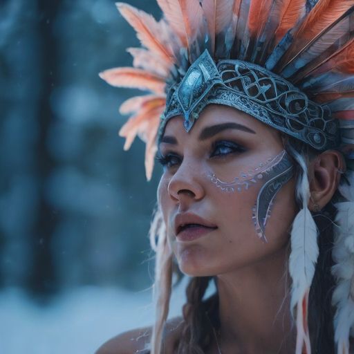 Mujer de ojos azules con una corona de plumas y aspecto tribal