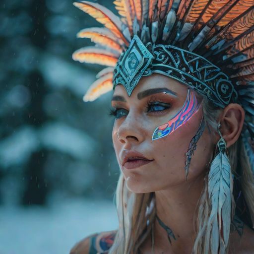 Mujer de ojos azules con una corona de plumas y aspecto tribal