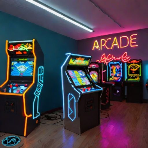 Sala de recreativos con máquinas retro y luces de neón